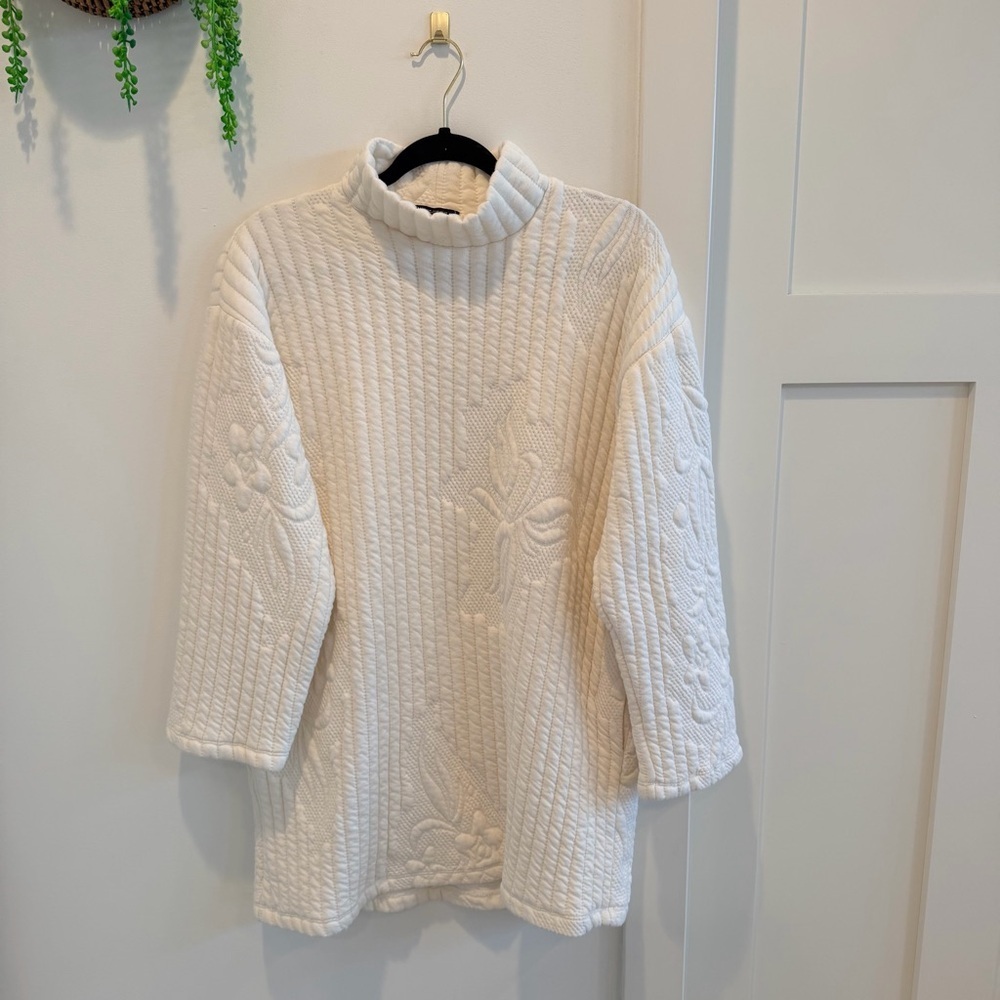 Zara Quilted Cream Floral Detail Mockneck Tunic Dress With Pockets Womens Size M